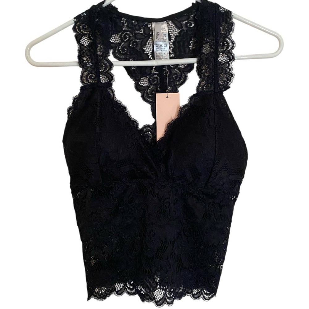 KATHY Lace Bralette Black Crop Top Size S/M – Racerback Scalloped Trim Sexy